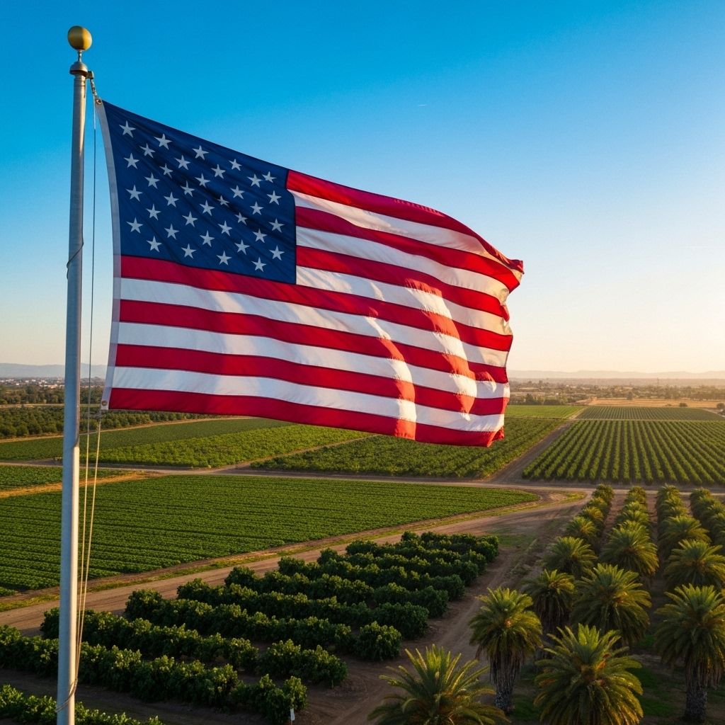 American flag flying over specialty crop fields
